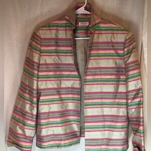 Vtg Ann May 100% Woven Silk Striped Lined Open Front Blazer Jacket Medium Beige